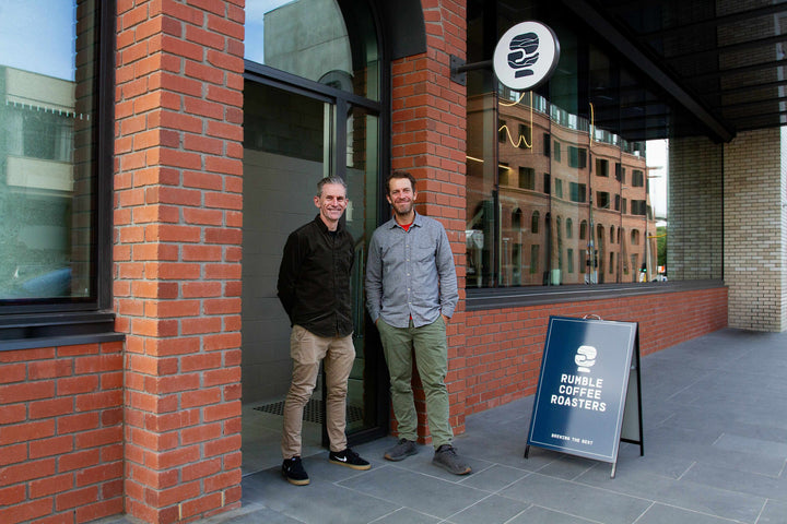 Rumble Coffee founders, Matt and Joe standing outside Rumble Espresso Bar.
