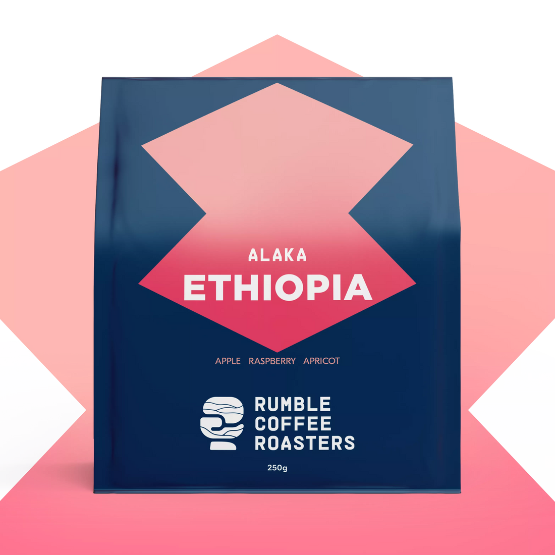 A digital mockup of a bag of coffee, with Rumble Coffee Roasters on the front.